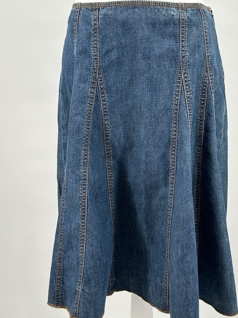 Gap Denim A-Line Midi Skirt Paneled Raw Edge Hem 100% Cotton Size 4